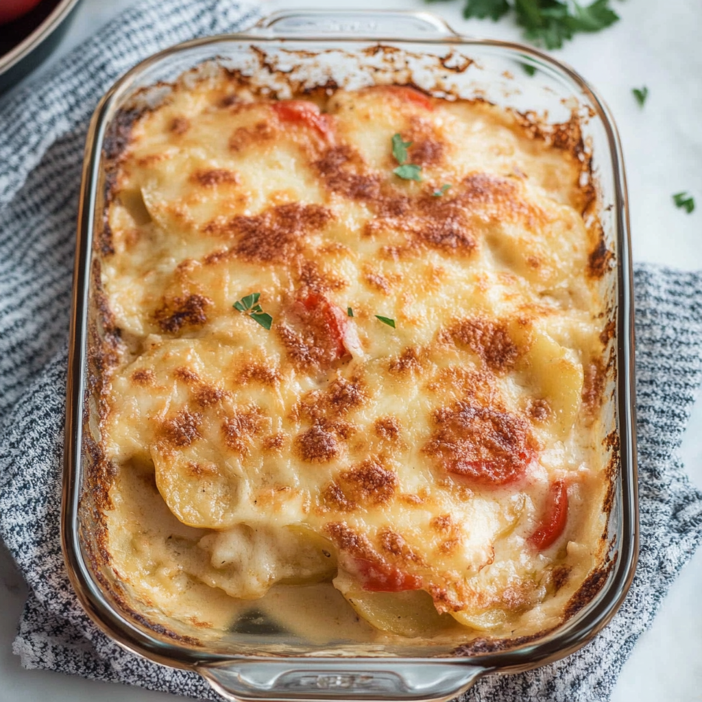 Scalloped Potatoes with Peppers and Swiss Cheese